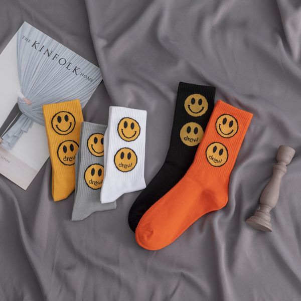 

21ss high street fashion drew double smile face socks cotton sports men and women tube sock hip hop tide 5 colors, Black