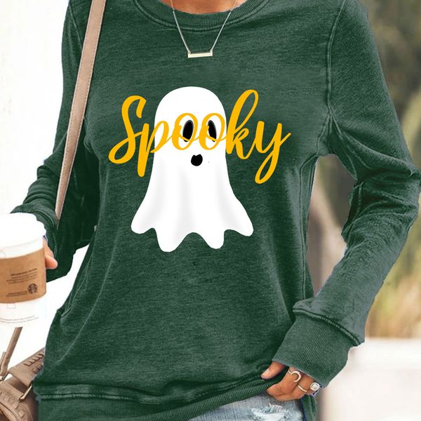 

2021 autumn round neck halloween theme funny print casual loose sweater, Black