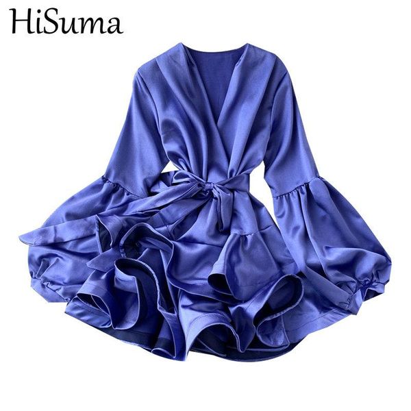 

spring autumn women v-neck lantern sleeve bandage strap sashes ruffles layer satin silk dress lady short slim chic casual dresses, Black;gray