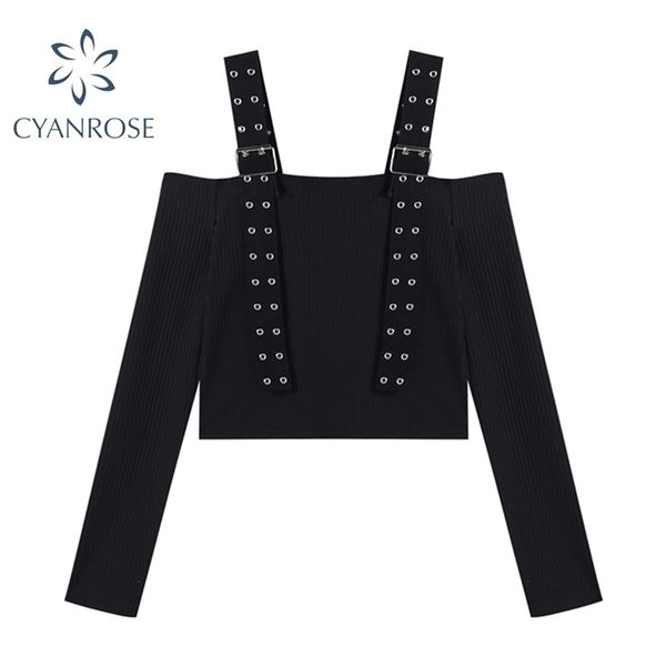 

suspenders bodycon crop t shirt women slash neck long sleeve tees female e-girl party club black slim elegant skinny 210515, White