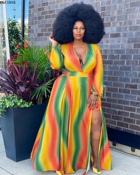 

casual dresses cm.yaya women autumn rainbow striped print v-neck high split maxi dress plus size xl-5xl long sleeve floor length, Black;gray