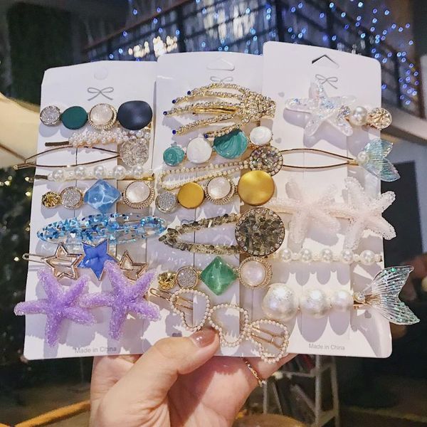 

hair accessories acrylic pearl hairpin set for girl geometric flower fishtail heart crystal retro creative headdress, Slivery;white