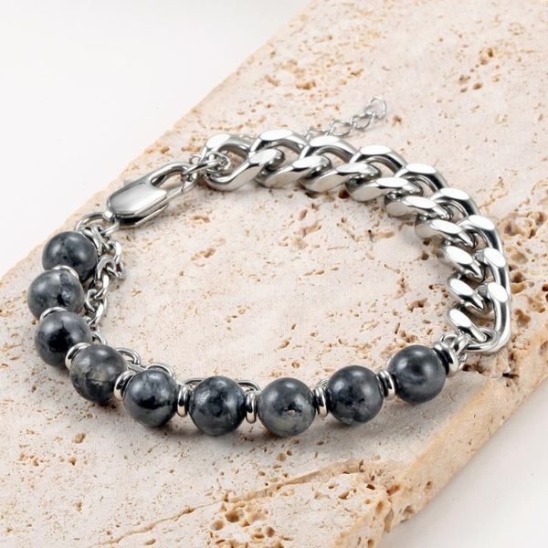 

link, chain stainless steel bracelet 8mm natural stone beads hand bracelets men homme jewelry wholesale drop, Black