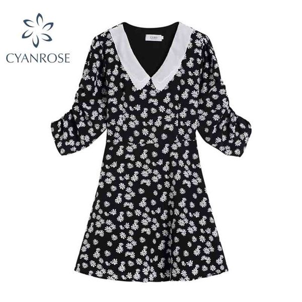 

korean fashion doll collar three quarter sleeve women dress summer high waist vintage floral print lady mini dresses 210515, Black;gray