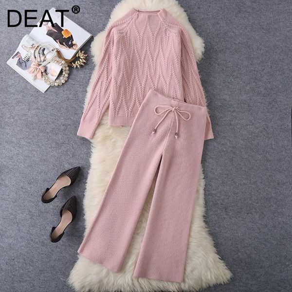 

women's two piece pants deat women knitted sweater half high collar long sleeve drawstring casual set fashion spring winter 2021, White