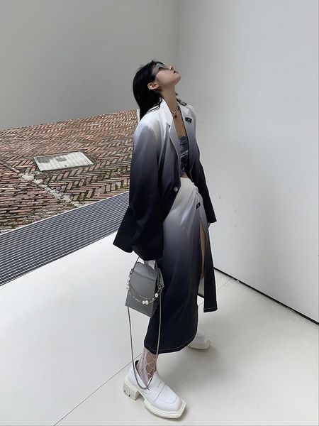 

two piece dress gradient suit blazer jacket + high split skirt women sets, White