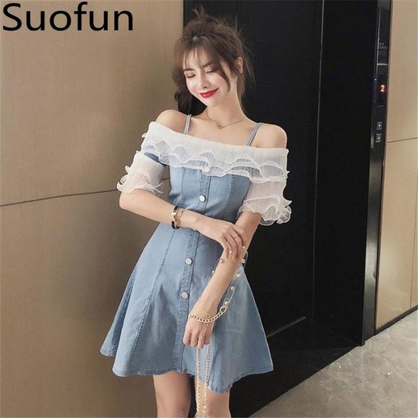 

casual dresses suofun slim off shoulder short sleeve mesh patchwork ruffles 2021 fashion front buttons lace women spaghetti denim dress, Black;gray