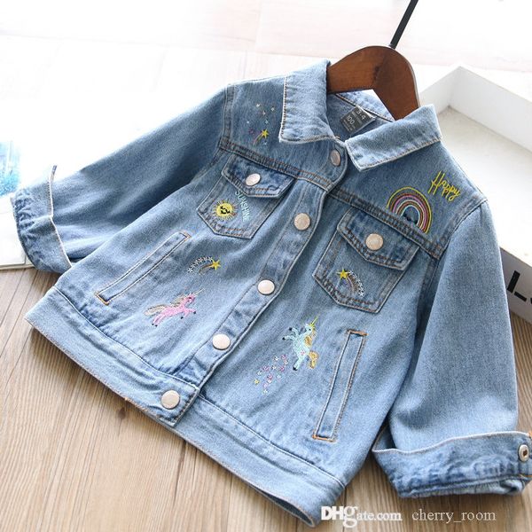 

autumn girls cartoon denim coat fashion fall kids rainbow unicorn embroidered casual cowboy jacket children animal outwear s1425, Blue;gray