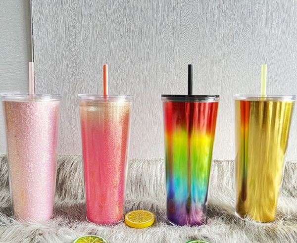 NIEDRIGE Mindestbestellmenge, 4 Farben, 24-Unzen-Kunststoff-Glitzerbecher, Regenbogen-Graident-Kunststoff-Strohhalmbecher, 710-ml-PS, doppelwandige Acryl-Wasserflasche, wiederverwendbare Büro-Kaffeetasse, individuelles Logo