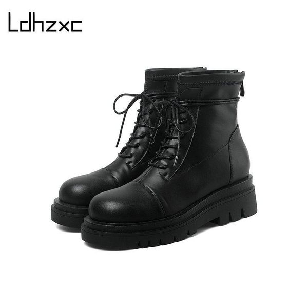 

boots ldhzxc black brown winter women shoes nature leather thick high heel warm lace up platform ankle