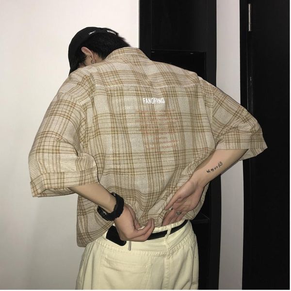 

autumn summer dress men's slim fashion men casual streetwear short-sleeved loose classic shirt male striped plaid comfortable shirts, White;black