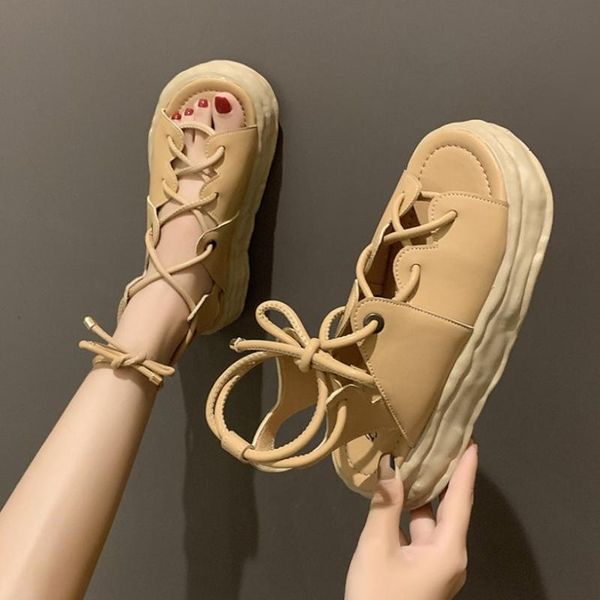 

sandals women's platform shoes summer high heel waterproof roman style wild cross strap leather lace up wedge women, Black