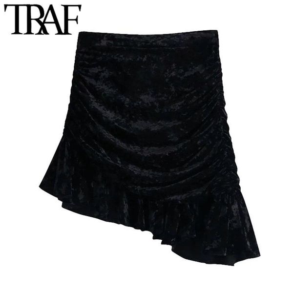 

skirts women chic fashion pleated velvet asymmetrical mini skirt vintage high waist back zipper female mujer, Black