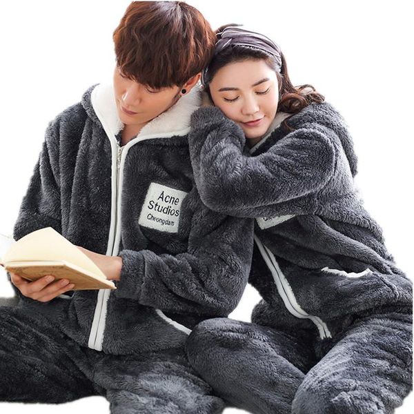 

pair couple pajamas soft winter pajama women thick and warm flannel men coral home wear suit pijama hombre men's sleepwear, Black;brown
