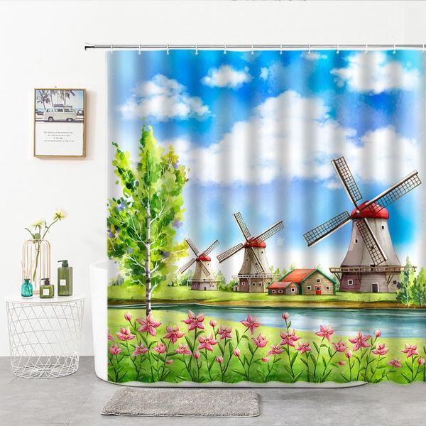 

summer clear sky cartoon prairie windmill hand drawn tree 3d shower curtains bathroom curtain screens children's room decor hook