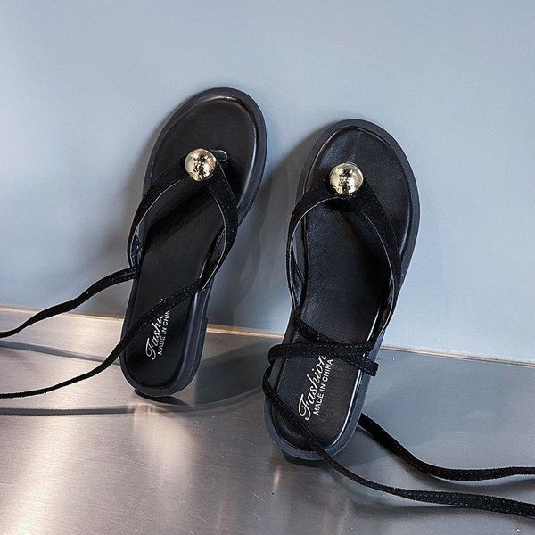 

sandals 2021 korean retro cross strapping flat bottom roman fashion clip toe heel beach women's shoes, Black