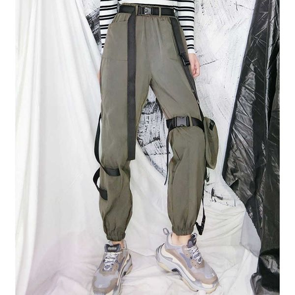 

spring hip hop streetwear loose trouser big pocket buckle cargo pants high waist casual sweatpants 210531, Black;white