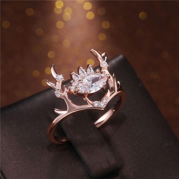

cluster rings cute rose gold color size 6-10 fashion white antlers ring for beautiful women gift, Golden;silver