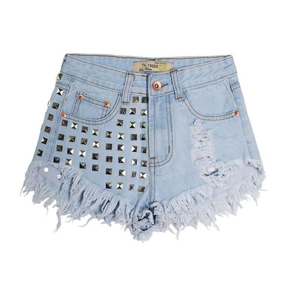 

women's wear with holes and rivets jeans high waist shorts pants, Blue