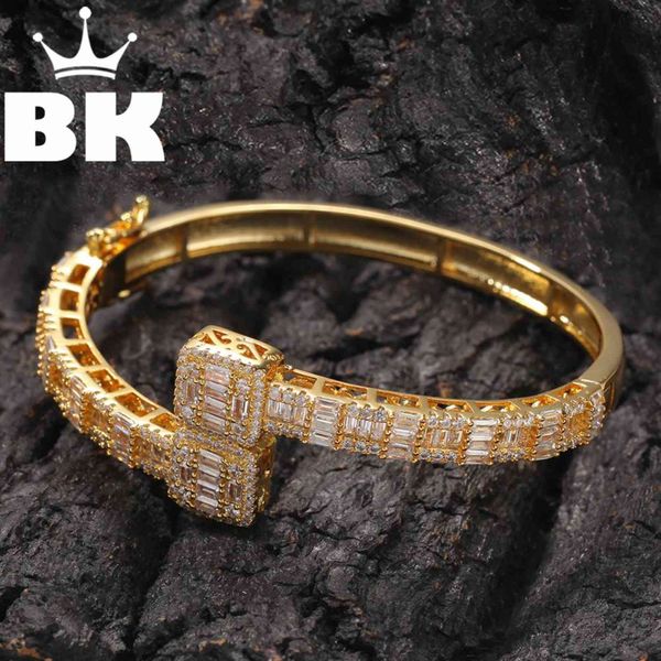 

the bling king custom opened square zircon iced out cz bracelet gold silver color for men luxury drop shipping, Golden;silver