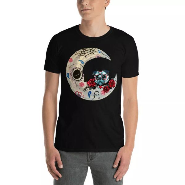 

Funny Pug Sugar Skull Sitting On Scary Moon Matching Halloween Shirt, White;black