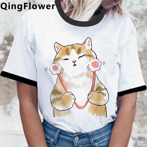 

cat summer female japanese couple clothes aesthetic graphic tees women ulzzang tshirt t shirt kawaii harajuku women's t-shirt, White