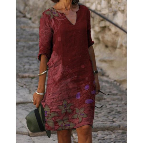 

casual dresses elegant vintage floral print knee dress for women 2021 loose half sleeve v-neck aesthetic oversized ladies robe, Black;gray