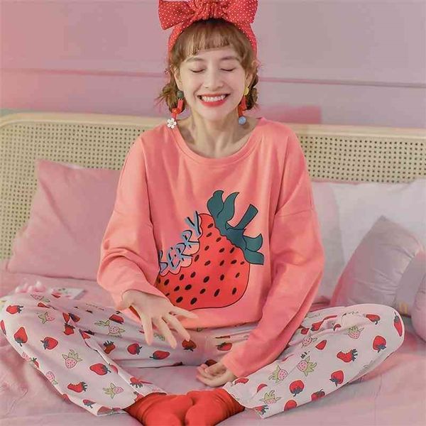 

jrmissli spring new women sleepwear cartoon printed o-neck pajamas set 2pcs loose large size ladies simple style homewear 210325, Black;red