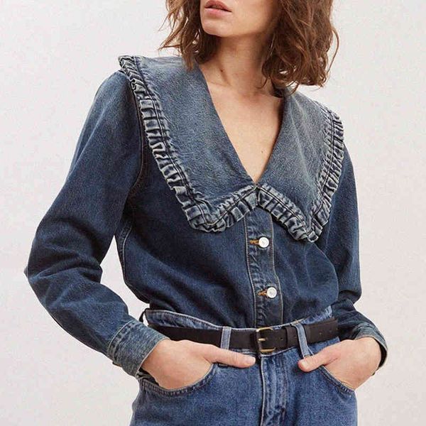 

blouses denim shirt woman ruffled v neck long sleeve buttons up blouse capable streetwear chic camisas mujer chemisier femme, White