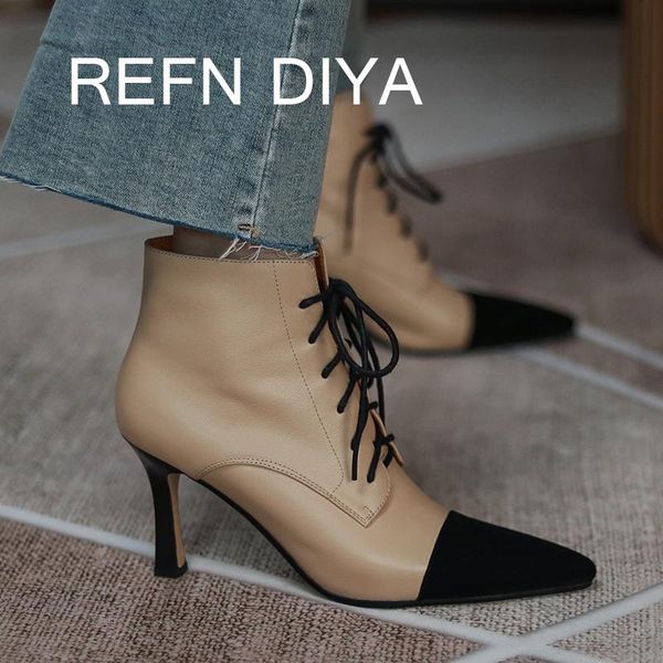 

boots women genuine leather ankle high heels pointed toe thin fashion shoes cow and sheepskin women's, Black
