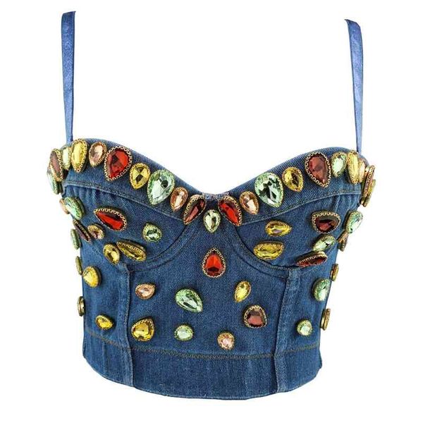 

women designer beading denim diamonds gem cotton camisole summer high street punk style short camis crop 210527, White