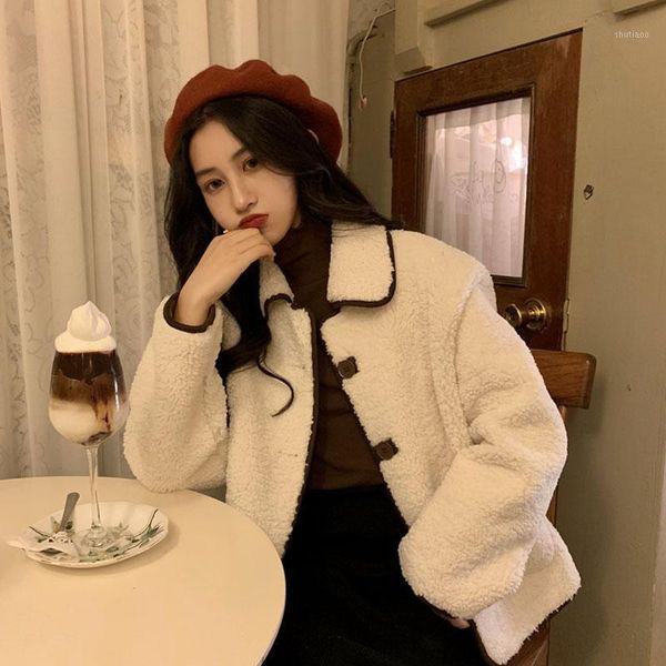 

women's wool & blends 2021the autumn and winter korean women lovely style turn down collar solid color lamb fur warm coats jackets wome, Black