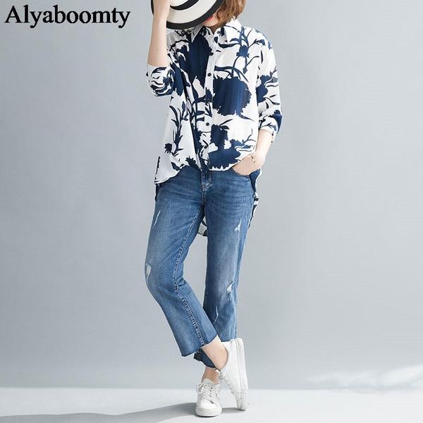 

plus size spring autumn women blouse turn-down collar ethnic printed casual loose female blusas cotton vintage elegant shirt women's bl, White