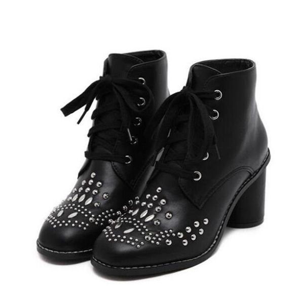 

boots shoes women autumn nice winter rivet rough with lace military ankle z188, Black