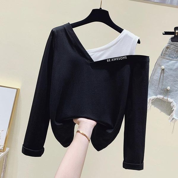 

women's t-shirt 2021 long sleeve one shoulder white patchwork t shirt women cotton autumn female tee femme