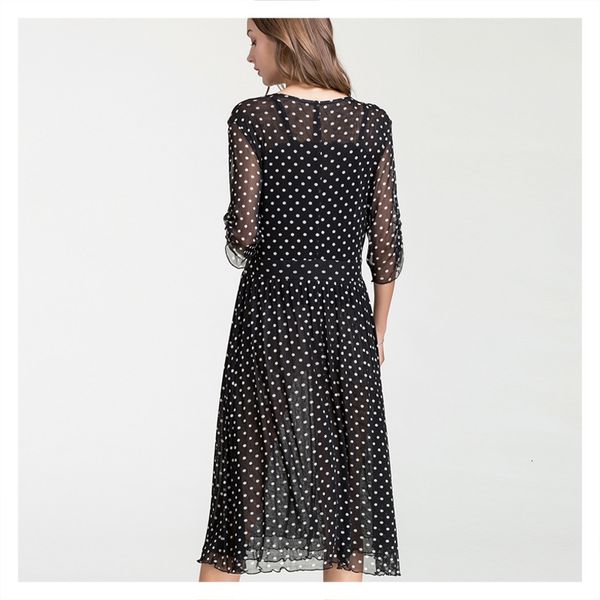 

dress high-end mulberry silk mesh eye female print v-neck double-layered mid-sleeve summer long skirt, Black;gray