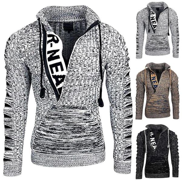 

men's sweaters est pullovers sweater autumn winter retro splicing zipper warm knit slim thick fleece pullover, White;black