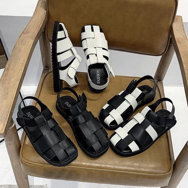 

sandals women's 2021 summer flat-soled wild woven roman shoes, Black
