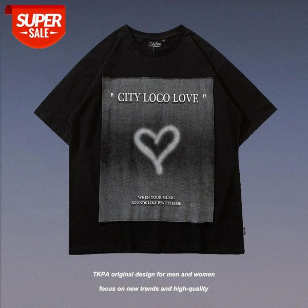 

european and american retro love gradient stitching hip-hop compassionate male loose bf couple casual short-sleeved t-shirt #vb51, White;black
