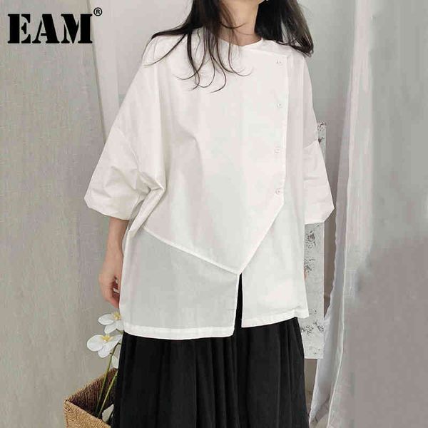 

[eam] women white big size irregular casual blouse lapel half sleeve loose fit shirt fashion spring summer 1dd8306 210512