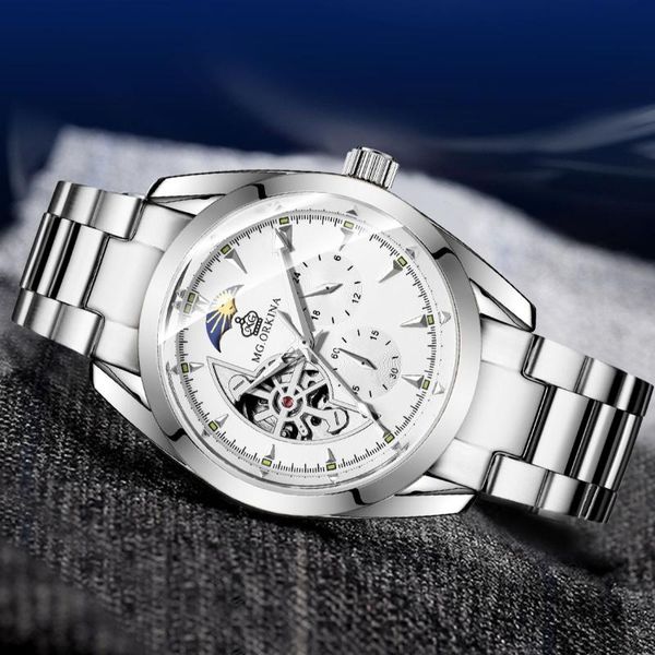 

wristwatches orkina fashion silver mens watches automatic mechanical stainless steel business flywheel, Slivery;brown