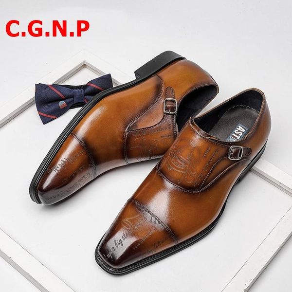 

dress shoes cÂ·gÂ·nÂ·p gentlemen genuine leather formal luxury letters carving square toe loafers men buckles wedding, Black