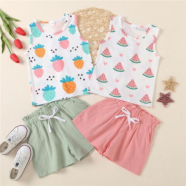 

clothing sets 1-4 years baby girls summer clothes set sleeveless cartoon fruit print t-shirt elastic shorts 2pcs outfits, White