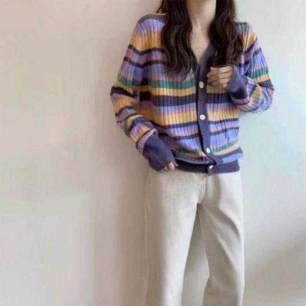 

women's knits & tees korobov sweet japanese style women cardigans korean hit color patchwork striped cardigan vintage elegant v neck sw, White