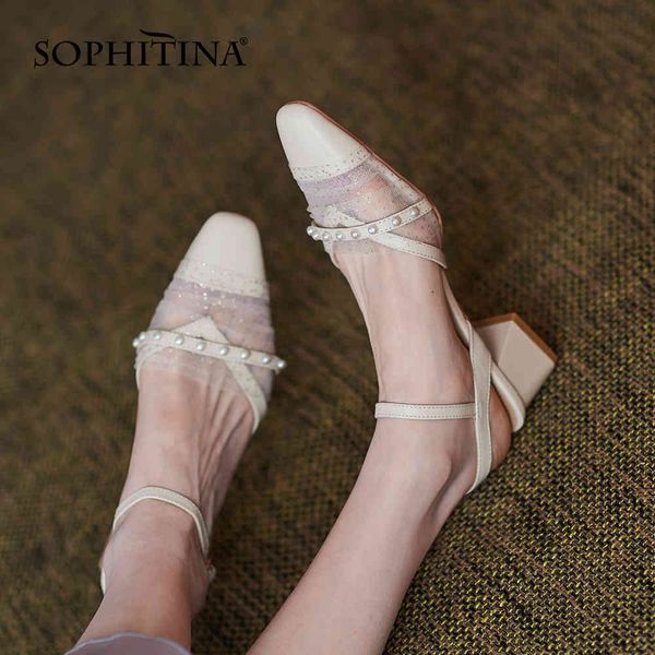 

sophitina handmade sandals women summer mesh pearl shoes ankle buckle thick mid-heel antiskid lady shoes ao808 210513, Black