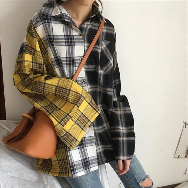 

women's blouses & shirts contrast plaid oversized shirt wide long sleeve button-up collared boyfriend style harajuku women e-girl casu, White