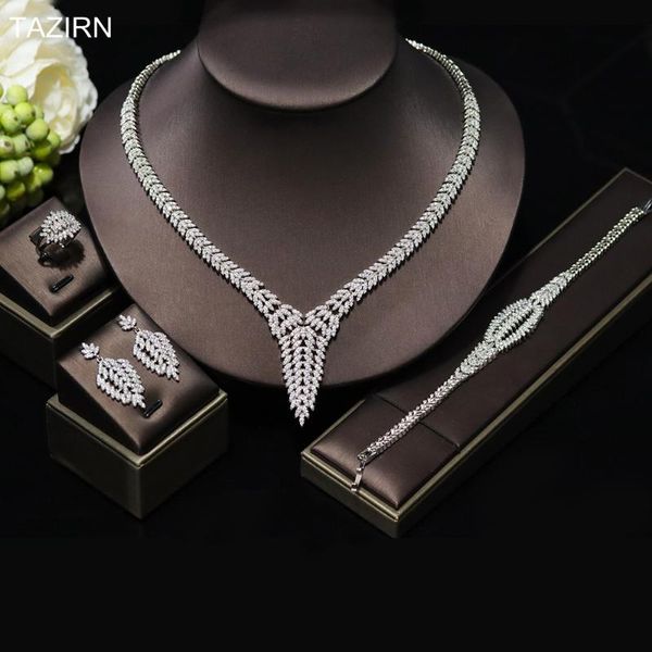 

earrings & necklace luxury cubic zirconia bride jewelry set 4pcs bracelet ring african arabic wedding dress ornaments women gifts, Silver