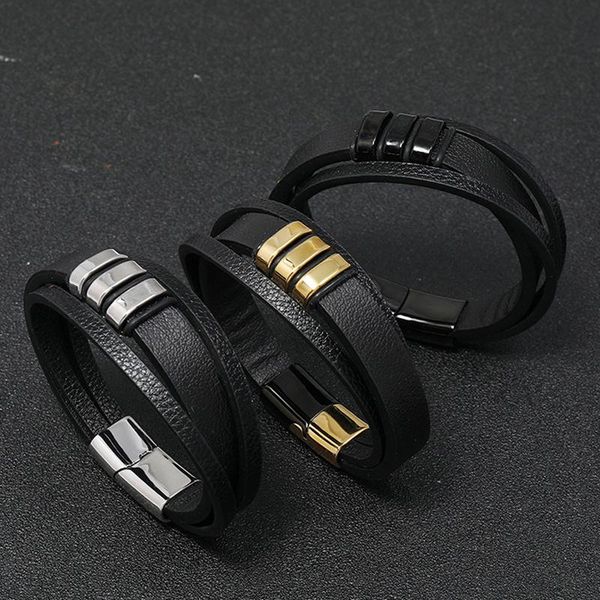 

men's leather bracelet stainless steel simple magnet clasp link, chain, Black