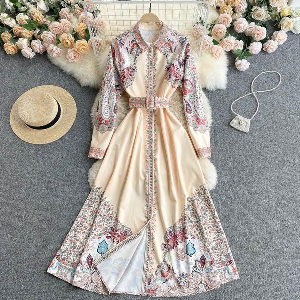 

casual dresses aibeautyer 2021 spring bohemian a-line dress women retro print long turndown-collar sleeve button sashes, Black;gray