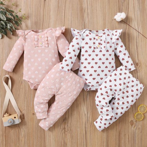 

clothing sets baby spring fall 2pcs outfits heart print ribbed ruffled long sleeves romper elastic waist trousers for 0-18months toddler gir, White